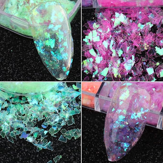 12 Colors Holographic Nail Art Glitter Sequins Iridescent Ice Slag Nail Glitter Laser Nail Art Flakes Colored Fluorescent Glass Paper Nail Sticker Decoration for Face Hand Body Make-Up DIY-Velvo Beauty