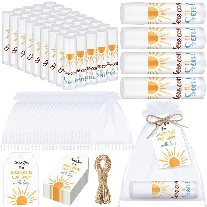 Dunzy 50 Pack Here Comes the Son Baby Shower Party Gifts Lip Balms Favors Bulk for Guests Boys Girls Gender Reveal Favors Baby Shower Game Prizes Souvenirs Goodie Bags Stuffers Thank You Gifts-Velvo Beauty