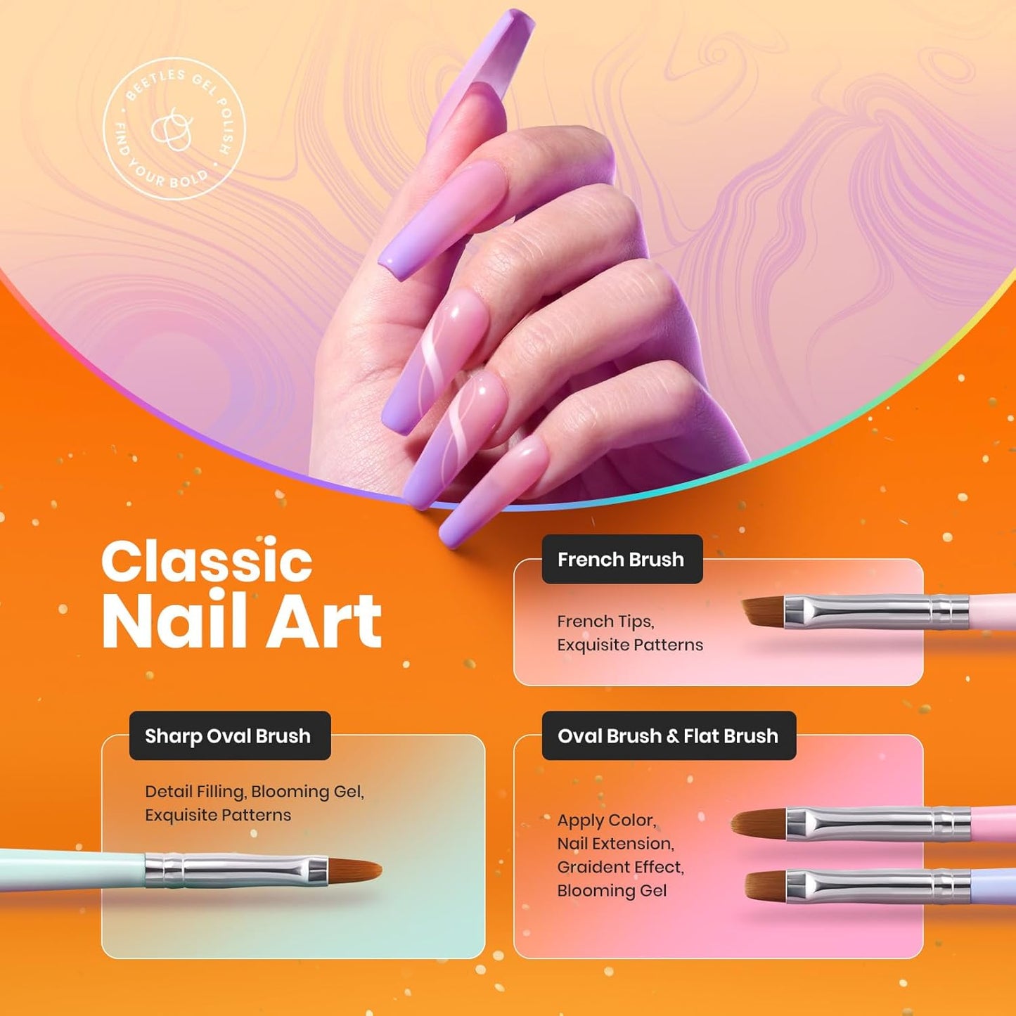 Beetles Gel Polish Nail Art Brushes, 6 Pcs Fingernail Art Design Pens, Wood Alloy Handle, Dotting Pen Clean Up Liner French Nail Brush Set, DIY Manicure Tools Gift for Women-Velvo Beauty