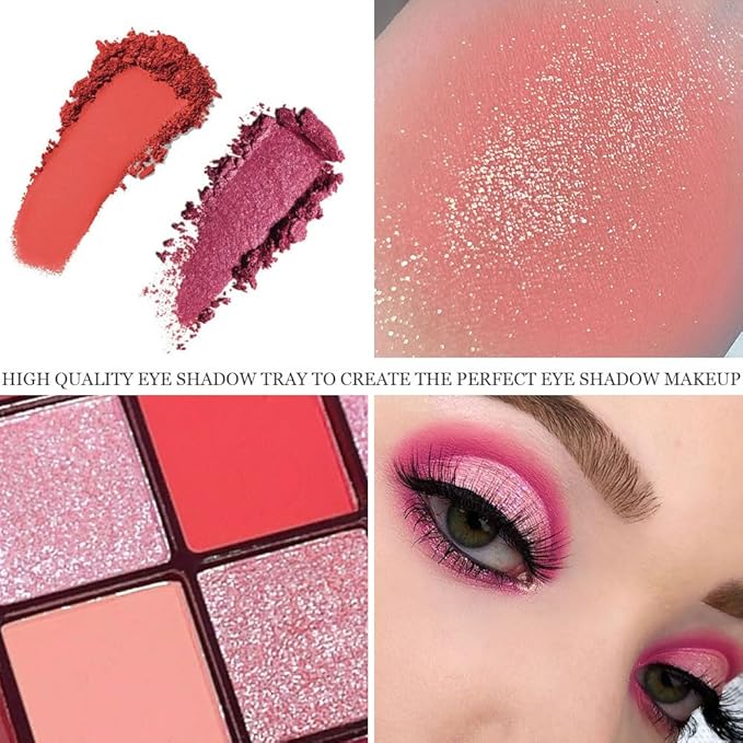 16 Girds Colorful Matte Shimmer Eyeshadow Palette for Eye Makeup,High Pigmented Eye Shadow Primers Powder Palet de sombras de ojos-Pink Red#-Velvo Beauty