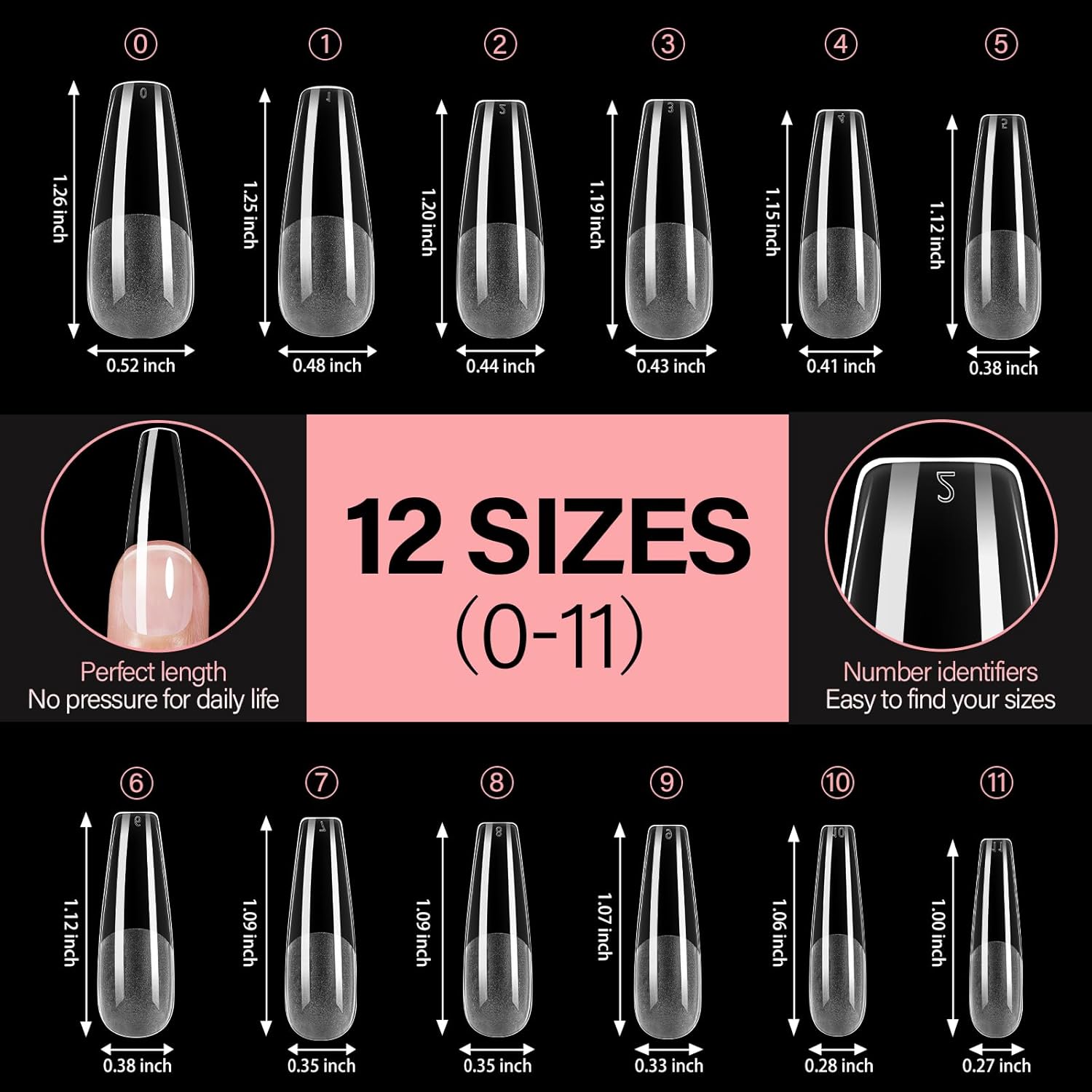 AILLSA Long Coffin Nail Tips Half Matte Full Cover Nails Tips Clear Acrylic Pre-Shaped Tips Flase Press on Nail Tips for Extentions Nails Manicure Salon DIY 216PCS 12 Sizes-Velvo Beauty