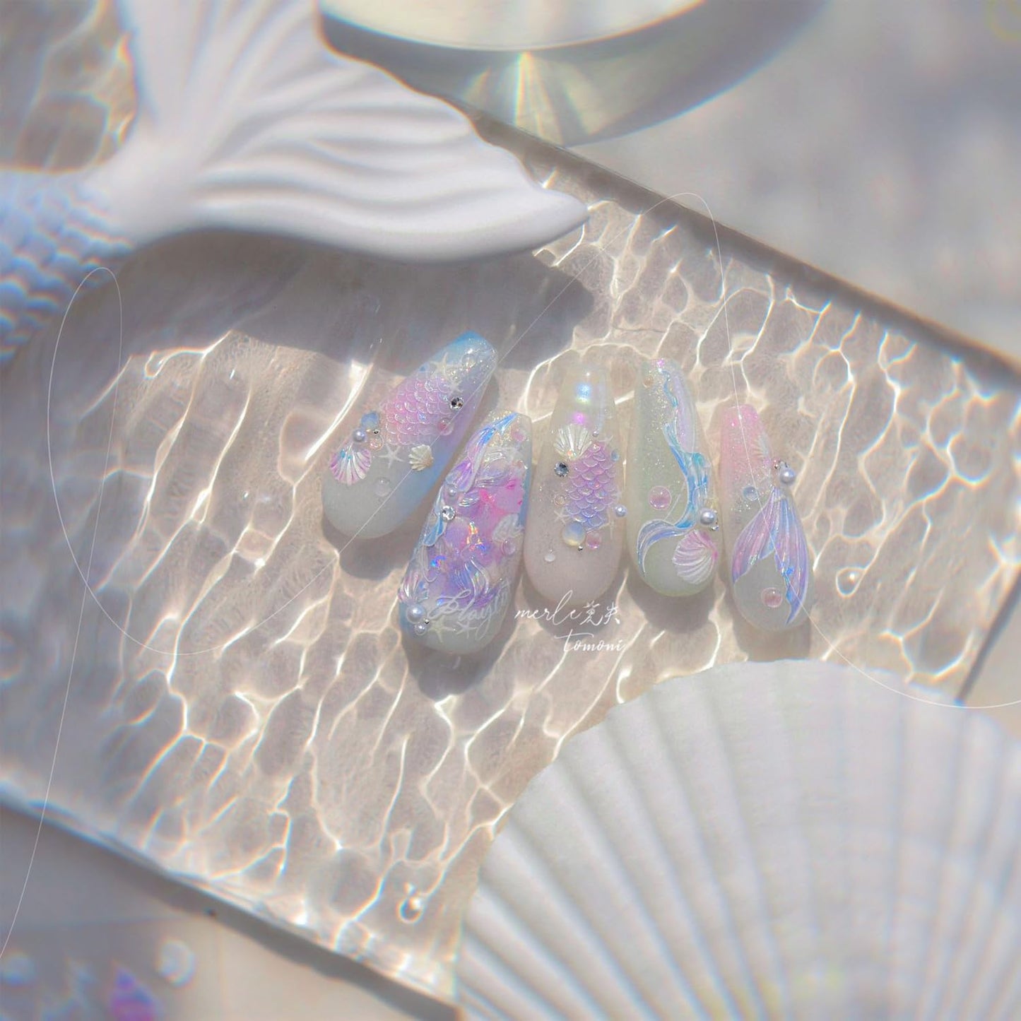 Summer Seashell Starfish Nail Art Stickers 5D Embossed Shiny Shell Nail Decals Cute Mermaid Nail Accessories Ocean Theme Summer Nails Design Pearl Bow Nail Adhesive Sliders for Women Manicure-Velvo Beauty