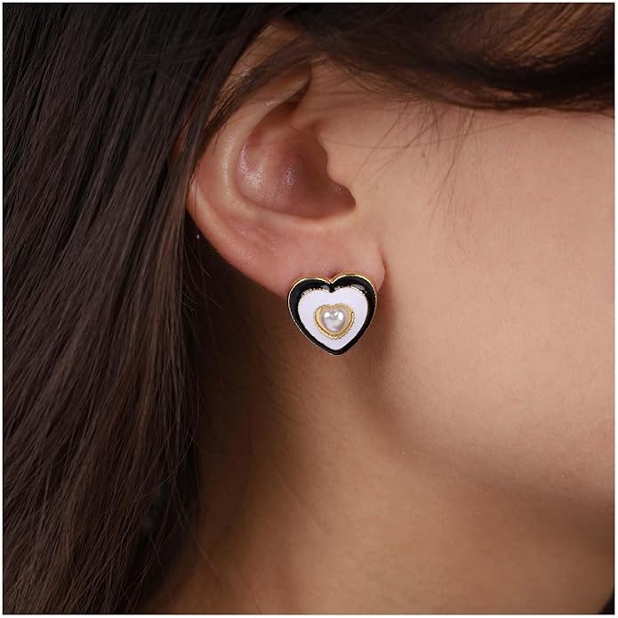 Vintage Pearl Heart Stud Earrings Enamel Heart Earrings Heart Love Earrings White Minimal Earrings Jewelry for Women-Velvo Beauty