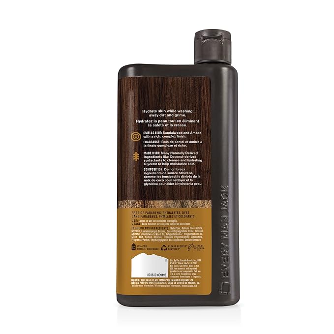 Every Man Jack Amber+Sandalwood Hydrating Mens Body Wash for All Skin Types-Cleanse, Nourish, and Hydrate Skin with Naturally Derived Ingredients-Paraben Free, Phthalate Free, Dye Free-24oz(Pack of 2)-Velvo Beauty