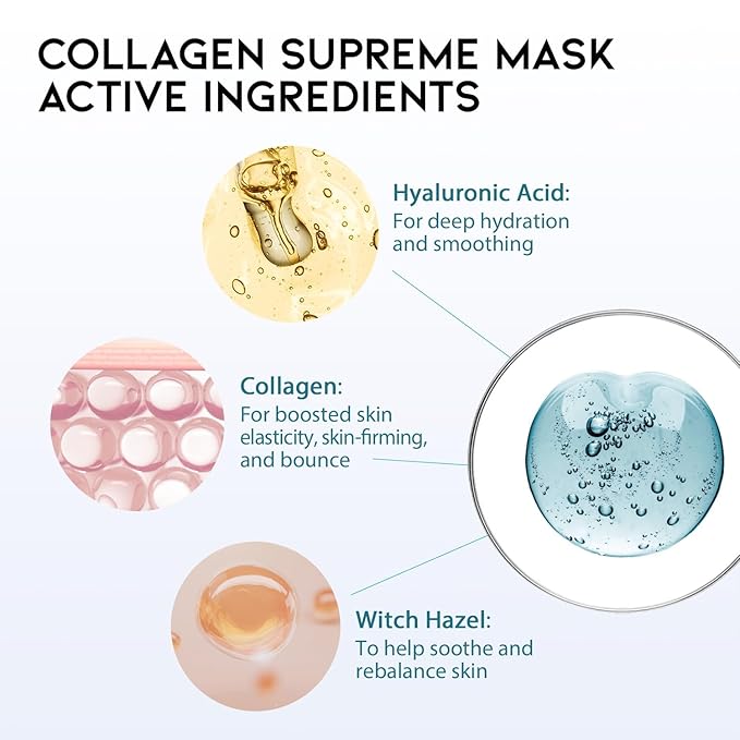 #OOTD Collagen Hydrating Sheet Masks for Face Korean Anti Aging Mask Sheet for Dry Skin & Sensitive Skin, EVE Vegan, Not Tested on Animals, No Parabens, No Sulfates, Hyaluronic Acid, Witch Hazel 10EA-Velvo Beauty