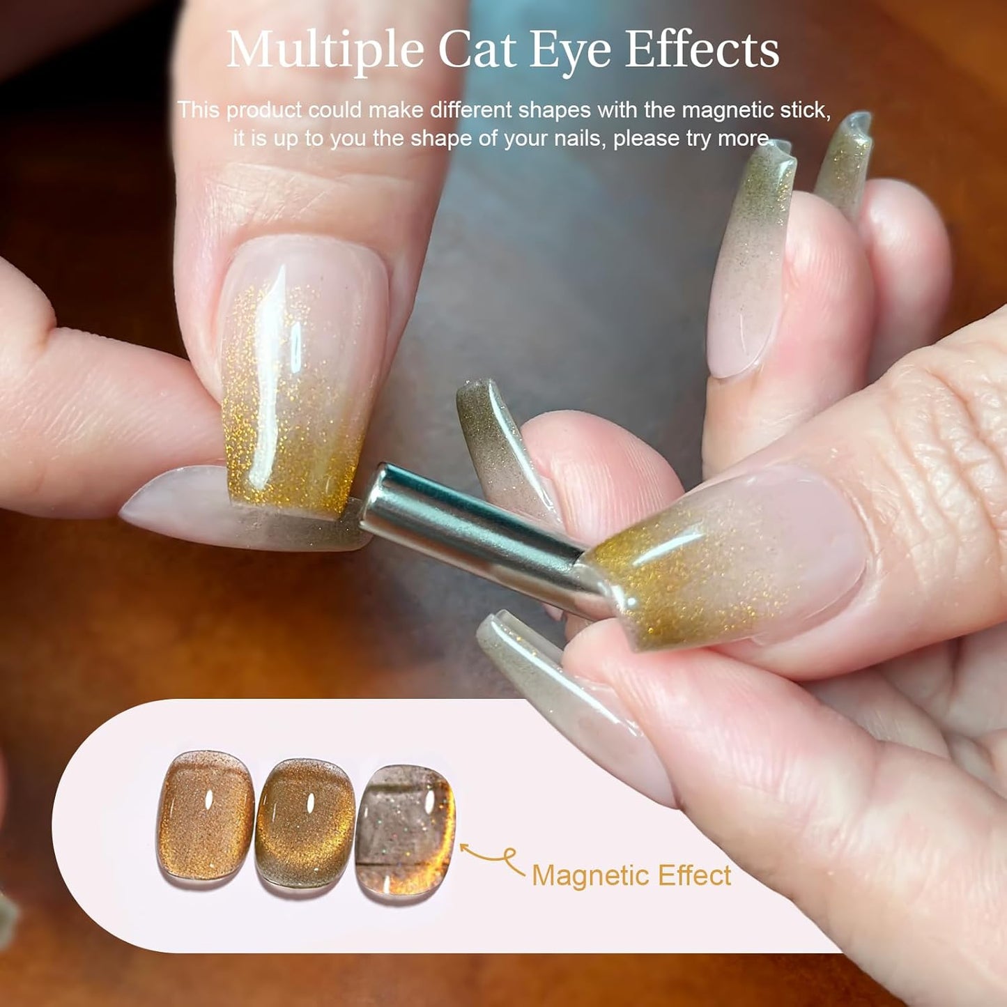 Cat Eye Gel Nail Polish with Magnet Stick, 15ml Glitter Holographic Nail Polish, Magnetic Effect Gel for Home DIY Manicure Gift, Champagne Gold-Velvo Beauty