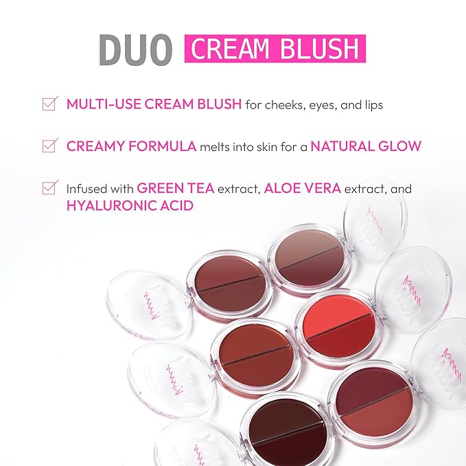 Ruby Kisses Duo Cream Blush, Smooth, Natural-Looking, Long-Lasting Face Makeup Blush for Cheeks, Lips, and Eyes, Buildable and Blendable, Infused with Green Tea, Aloe Vera Extract, and Hyaluronic Acid-Velvo Beauty