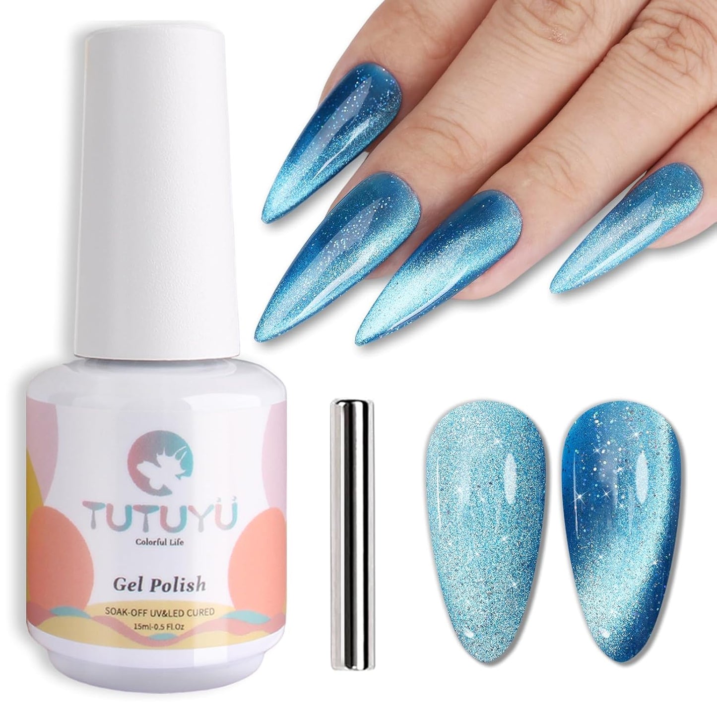 Blue Cat Eye Gel Nail Polish,Iridescent Quicksand Galaxy Holographic Blue Cateye Gel Polish with Magnet, Shimmer Velvet Soak Off Uv Led Home Diy Manicure - GP0102-Velvo Beauty
