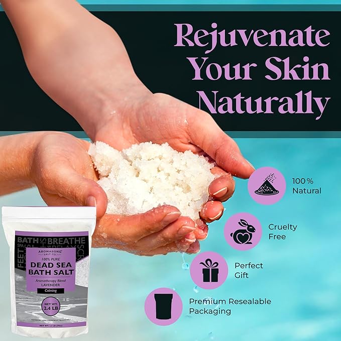 Aromasong Pure Dead Sea Salt for Soaking with 100% Natural Lavender, 2.43 LB - Spa Bath Salt Fine Grain - Body Wash Scrub - Soak for Women & Men- Bulk Resealable Pack-Velvo Beauty