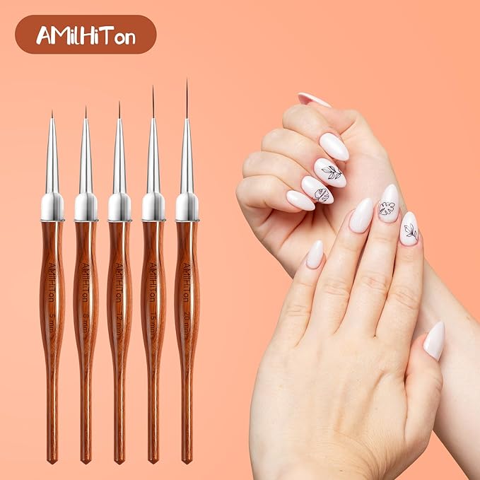 Nail Art Liner Brushes, 5Pcs Wooden Nail Brushes for Fine Drawing & Detailed Nail Art, Gel Polish Painting Tools for Long Lines & Nail Design Sizes 5/8/12/15/20mm（Wood color）-Velvo Beauty