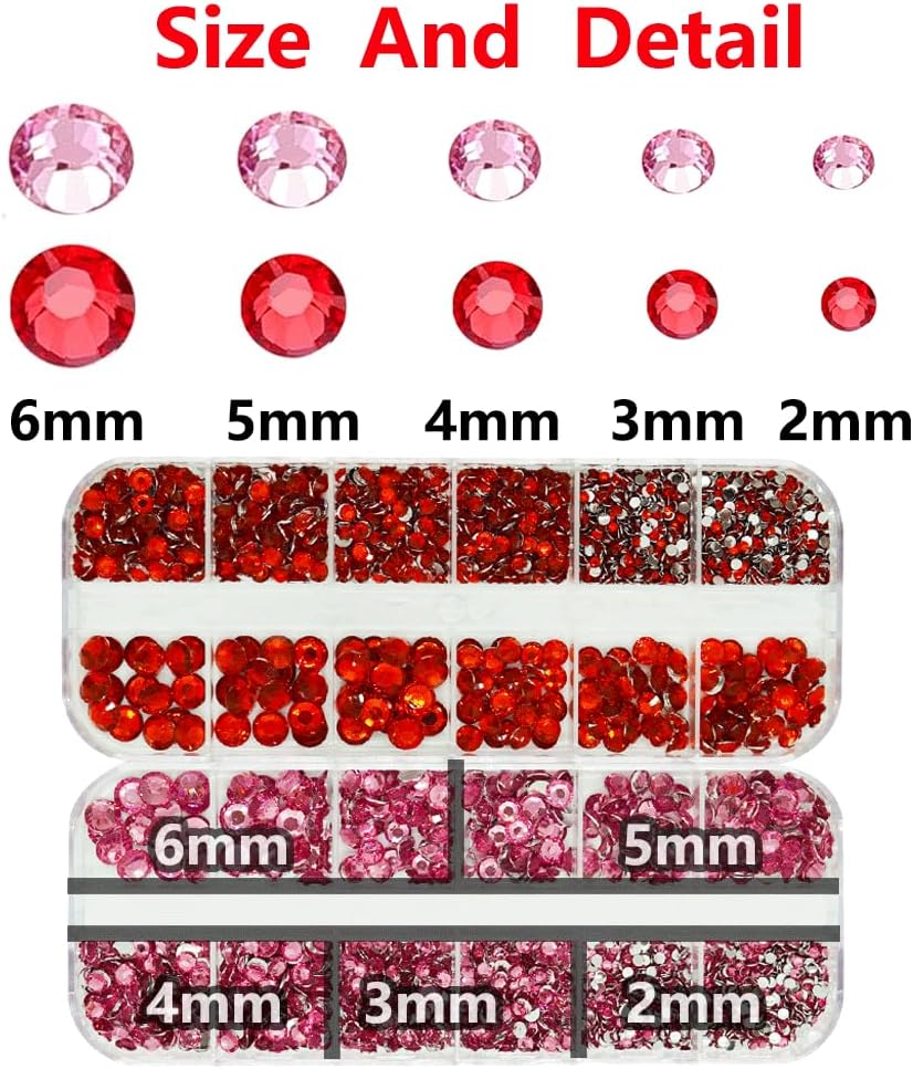 Pink and Red Rhinestones with Glue(S8-S30) for Bedazzling,2mm-6mm Non-Hotfix Flatback Nail Gems Beads with B7000, Resin Nail GemsStones Diamond Kit for Bedazzle Crafting, Nails DIY Art Decoration-Velvo Beauty