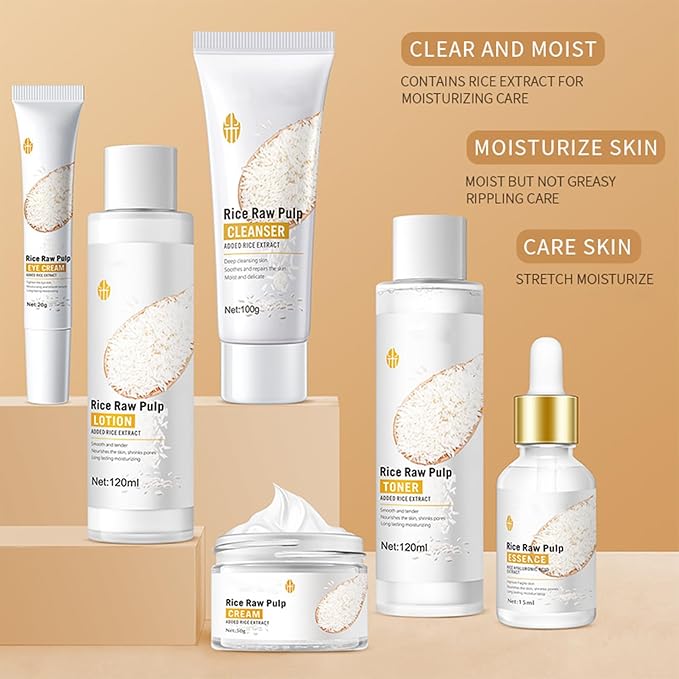 Skincare Gifts for Teenage Girls - Rice Raw Pulp Skin Care Sets & Kits - 6PCS Pamper Gifts for Women with Facial Cleanser-Toner-Eye Cream-Essence-Emulsion-Cream - Gift Set for Firming Hydrating Skin-Velvo Beauty