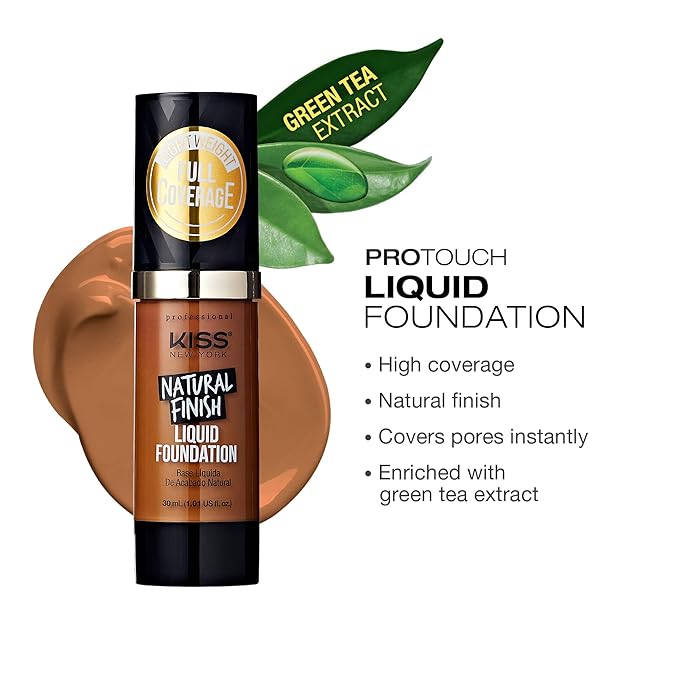 Kiss New York Professional Liquid Foundation - Lightweight and Hydrating Formula, Natural Finish, Control Shine, Cover Pores, Medium to Full Coverage, Green Tea Extract (Cappuccino)-Velvo Beauty