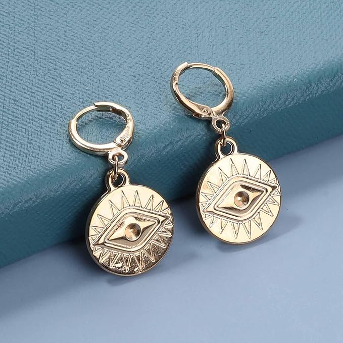 Evil Eye Coin Earrings Gold Disc Drop Earrings Evil Eye Hoop Earrings Vintage Lucky Charm Earrings Jewelry for Women and Girls-Velvo Beauty