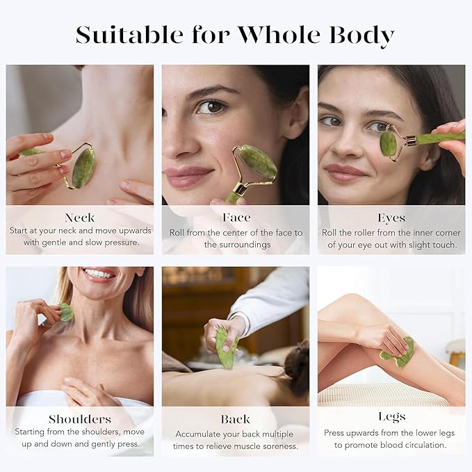 BAIMEI IcyMe Gua Sha & Jade Roller Facial Tools Face Roller and Gua Sha Set for Puffiness and Redness Reducing Skin Care Routine, Self Care Gift for Men Women - Green-Velvo Beauty
