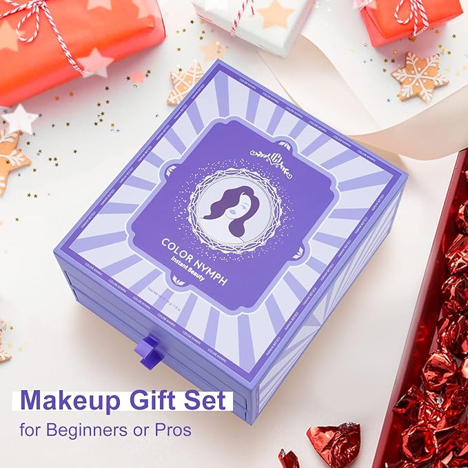 Color Nymph Beginner Makeup Set for Teens, Full Kit Girls Makeup Kits with Exquisite Purple Box Teen Girls Makeup Kit Non-Toxic Includes Eyeshadow Palettes Mascara Lipstick Makeup Set Brushes Kit etc-Velvo Beauty