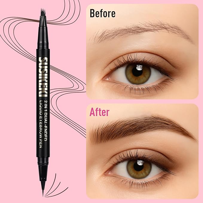 Dual Ended Microblading Eyebrow Pen - 2 in 1 Liquid Eyebrow Pencil with Brow-Fection Angled Brush & Precise Detail Brush-Tip, Shapes & Fills Hair-Like Looking Brows, Lasts All-Day, Dark Brown-Velvo Beauty
