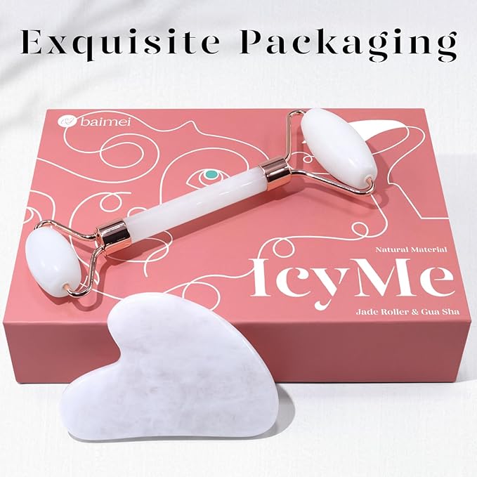 BAIMEI Jade Roller & Gua Sha Set Face Roller and Gua Sha Facial Tools for Skin Care Routine and Puffiness, Self Care Gift for Men Women - White-Velvo Beauty