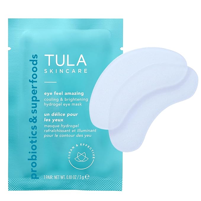 TULA Skin Care Eye Feel Amazing Cooling & Brightening Hydrogel Eye Masks - Fights Puffiness & Soothes Undereyes, Contains Hyaluronic Acid & Niacinamide, Caffeine & Chamomile, 4 packettes, 0.10 oz.-Velvo Beauty