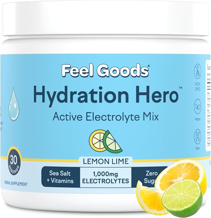 Feel Goods Hydration Hero, 1,000mg Electrolytes Powder, Sugar Free, Magnesium, Organic Aloe Vera, Organic Aloe, L Theanine, Vitamin C & B12, Non GMO, Keto, Vegan | Lemon Lime, 30 Servings-Velvo Beauty