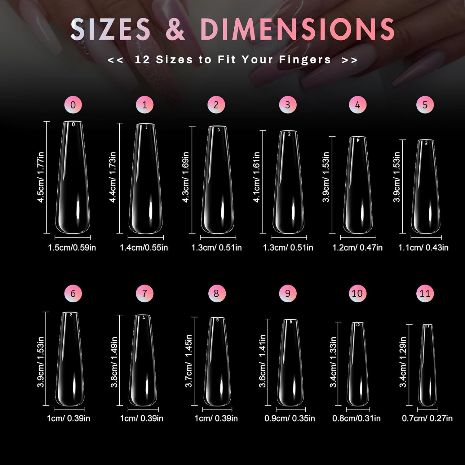 Ranrose Long Coffin Nails Tips: 240pcs XXL Acrylic Nails Clear C Curve Coffin False Nail, Full Cover Fake Nails for Nail Extension, 12 Sizes-Velvo Beauty
