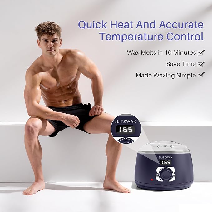 BLITZWAX Brazilian and Bikini Waxing Kit for Men, Hard Wax Warmer for Face, Legs, and Body, At Home Hair Removal Kit, Beginner Friendly, Quick Heating, 30 Nose Wax Sticks-Velvo Beauty