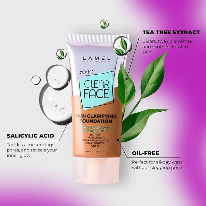 LAMEL OhMy Clear Face Full Coverage Foundation - Acne Coverage - Salicylic Acid & Tea Tree Extract - Dewy & Flawless Finish - Sensitive Skin Care - Organic & Oil-Free - 409, 1.35 fl.oz-Velvo Beauty