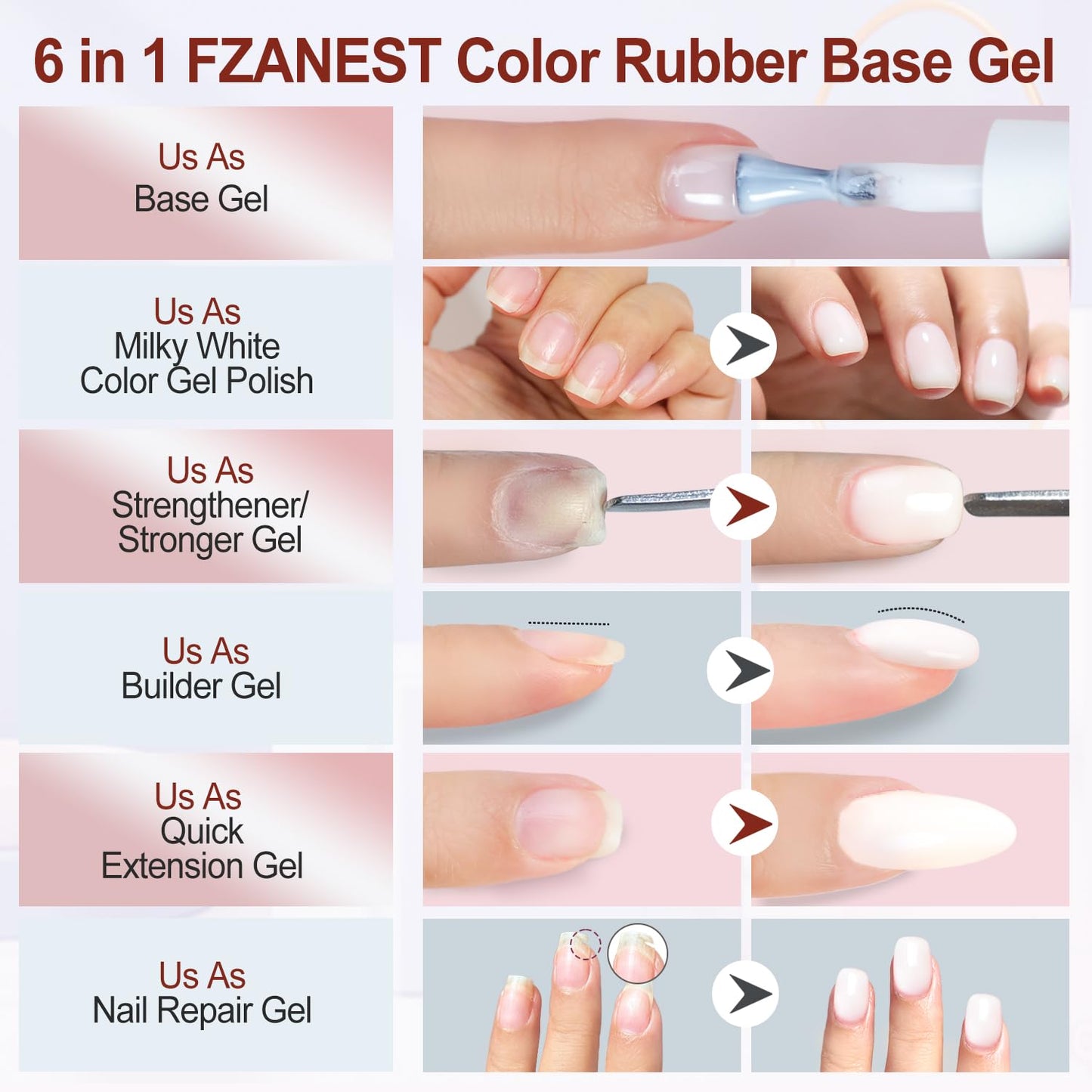 FZANEST Rubber Base Gel Polih Nude Color 6 in 1 Jelly Sheer Beige Builder Gel Thick Base Coat For Nail Strengthener Structure Extension Repair-Velvo Beauty