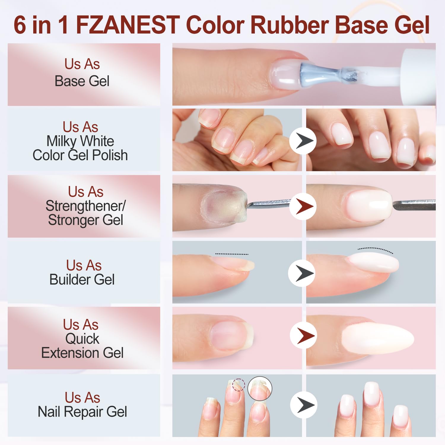 FZANEST Rubber Base Gel Polih Nude Color 6 in 1 Jelly Sheer Beige Builder Gel Thick Base Coat For Nail Strengthener Structure Extension Repair-Velvo Beauty