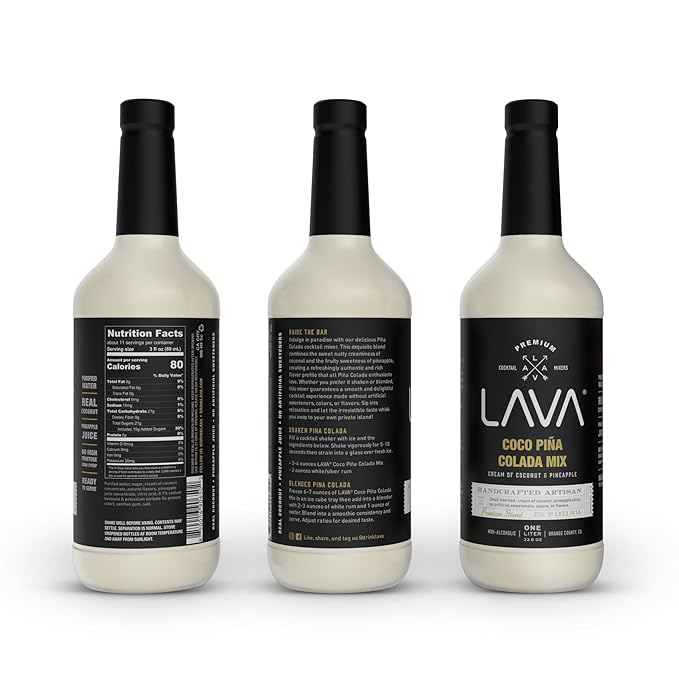 (3 Pack) LAVA Premium Coco Pina Colada Made with Cream of Coconut and Real Pineapple, No Artificial Sweeteners or Flavors, 1-Liter (33.8oz) Glass Bottle.-Velvo Beauty