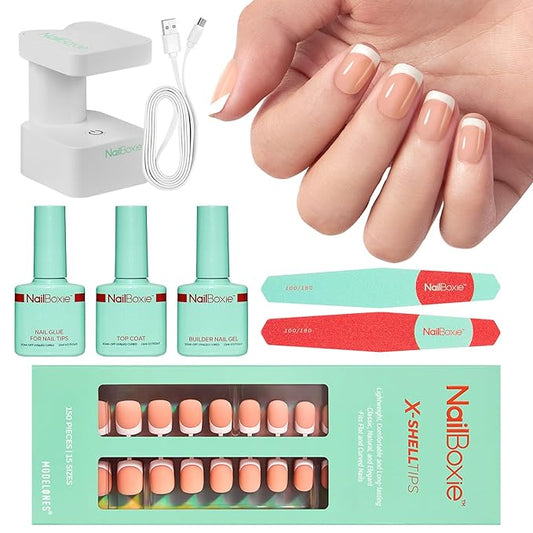 Modelones Gel Nail Kit, Press On Nails Kit with LED Light, 150 PCS Extra Short Pink Square, 15 Sizes French Tip Press on Nails, NailBoxie Pre-Colored Nail Tips for Easy DIY Nail Art-Velvo Beauty