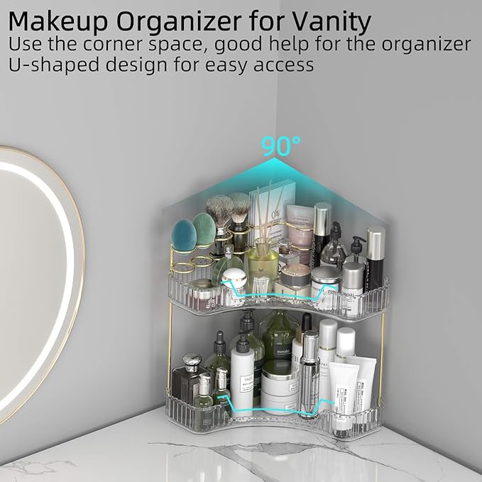 Makeup Organizer Countertop 2 Tier, Corner Bathroom Countertop Organizer with Toothbrush and Makeup Brush Holder, Corner Vanity Tray for Skincare Organization-Velvo Beauty