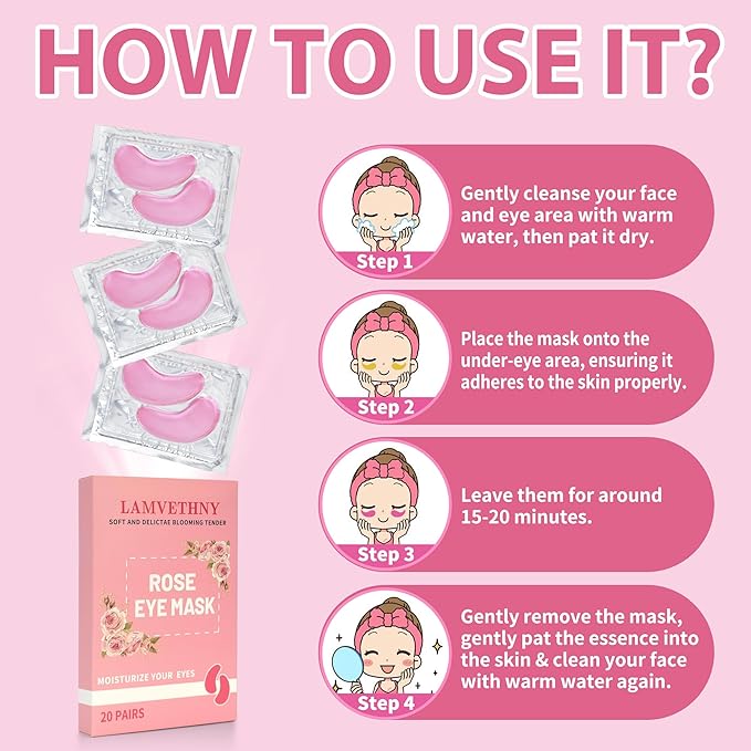 Eye Mask, Pink Rose Under Eye Patches (20 Pairs) Pink Rose Under Eye Masks Hyaluronic Acid Eye Patches for Dark Circles and Puffiness, Reduce Wrinkles and Fine Lines Under Eye Area - Pink-Velvo Beauty