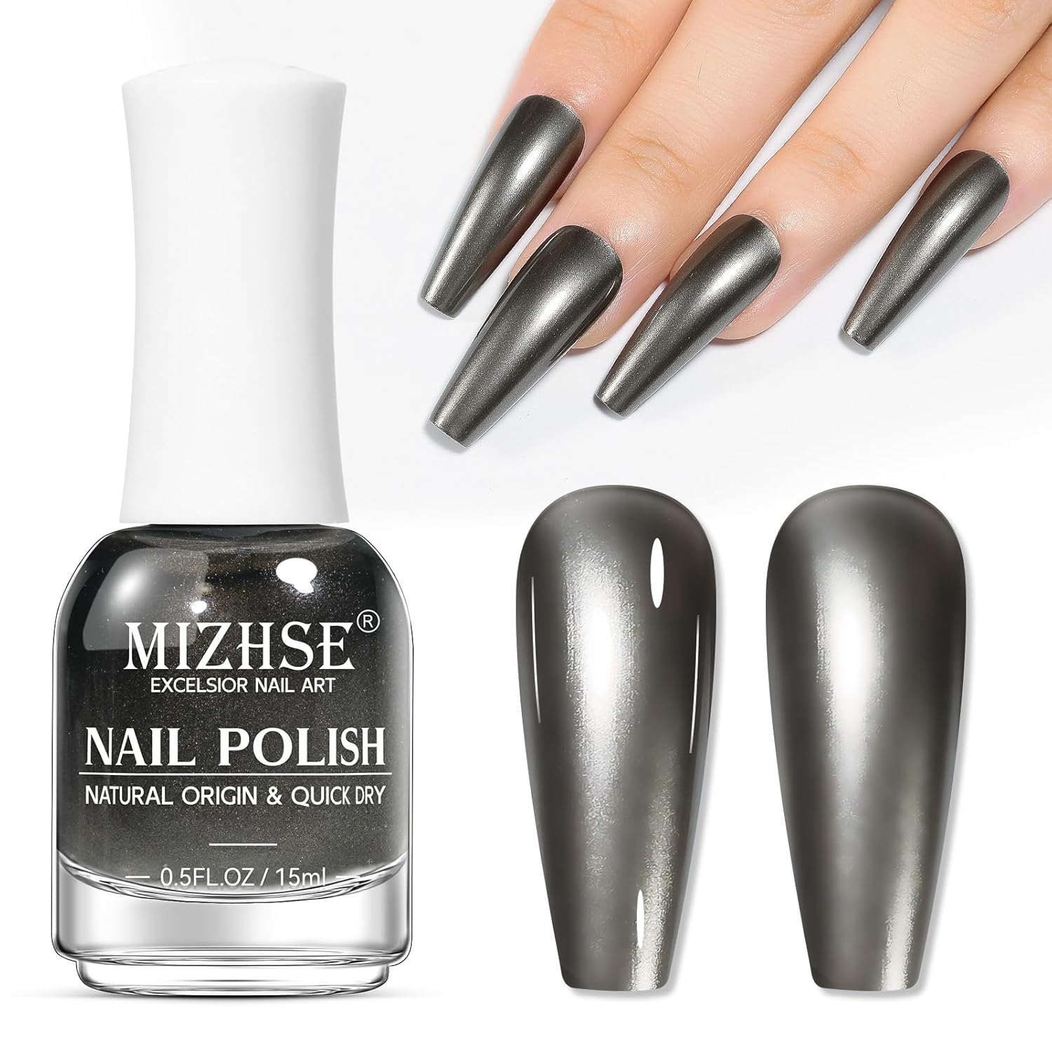 MIZHSE Dark Grey Mirror Nail Polish, Quick Dry Metallic Nail Polish, Air Dry Fast Chrome Nail Lacquer Black Oil-based Nail Art Manicure DIY Home-Velvo Beauty