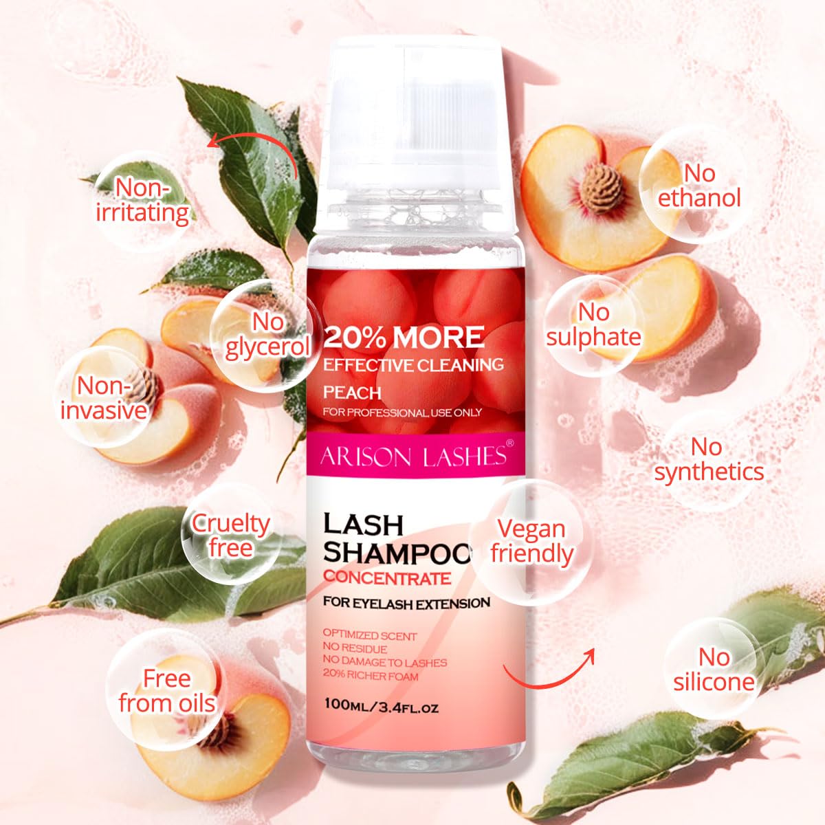 ARISON LASHES Lash Shampoo Concentrate for Lash Extensions 100ML Eyelash Cleanser Concentrate Oil-Free Eyelash Extension Shampoo with Salon Home Care(Peach)-Velvo Beauty