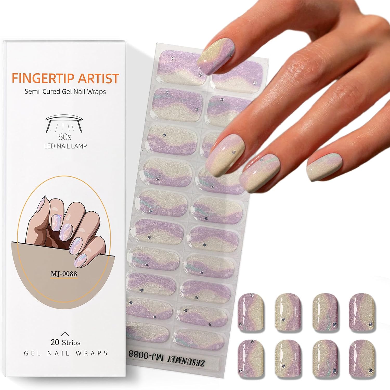 Semi Cured Gel Nail Strips with Purple and white Glitter Designs Gel nail stickers Glossy Nail strips Salon Quality & Easy to Use 20 Pcs for Women-Velvo Beauty
