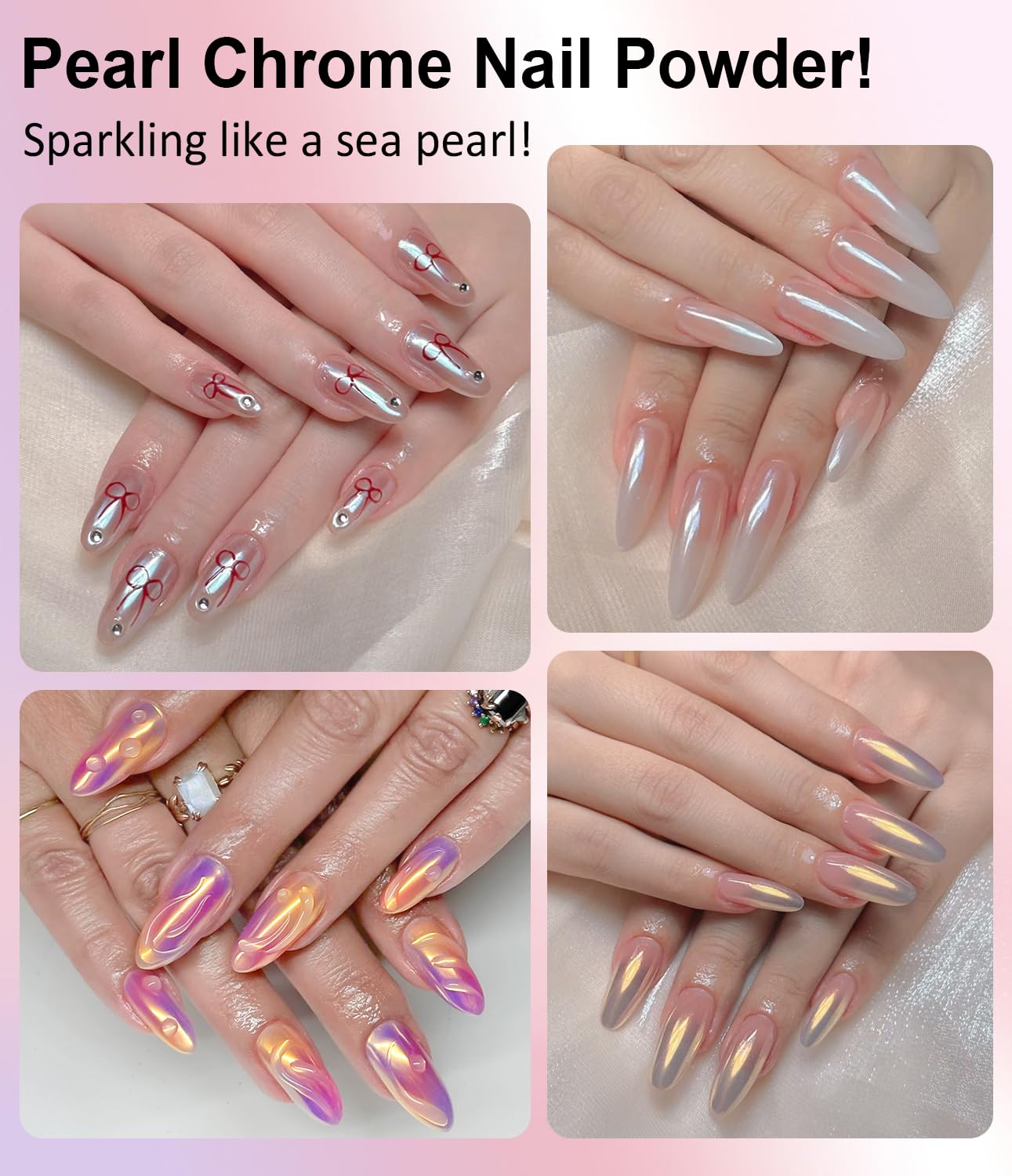 White Chrome Nail Powder: 4Pcs Iridescent Aurora Mermaid Pearl Chrome Powder Pearl Dust Kit for Gel for Gel Nails Art Decoration-Velvo Beauty