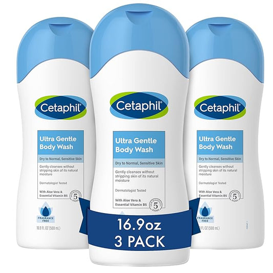 Cetaphil Ultra Gentle Refreshing Body Wash, For Dry To Normal, Sensitive Skin, Aloe Vera, Vitamin B5, Hypoallergenic, Dermatologist Tested, Fragrance Free, 16.9oz Pack of 3-Velvo Beauty