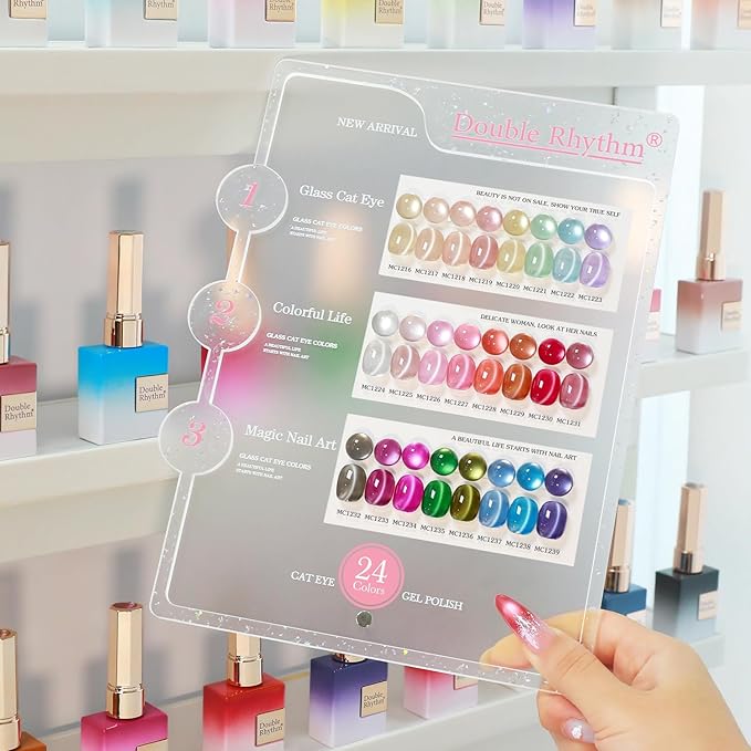 Double Rhythm 28Pcs 0.5Oz Glass Cat Eye Gel Nail Polish Set Same Color Same Bottle Soak Off Magnetic Jelly Gel Polish Kit Nail Art Manicure Salon DIY at Home (Nude Pink Blue Green-T24-10)-Velvo Beauty