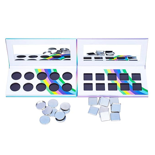 2PCS PU leather pastel sparkle empty magnetic palette with 10Pcs 26mm Round Metal Pans and 10Pcs 23mm square Metal Pans,DIY Eye Shadow makeup palette,elastic, flexible and lubricated, waterproof and easy to clean (Suit-1)-Velvo Beauty