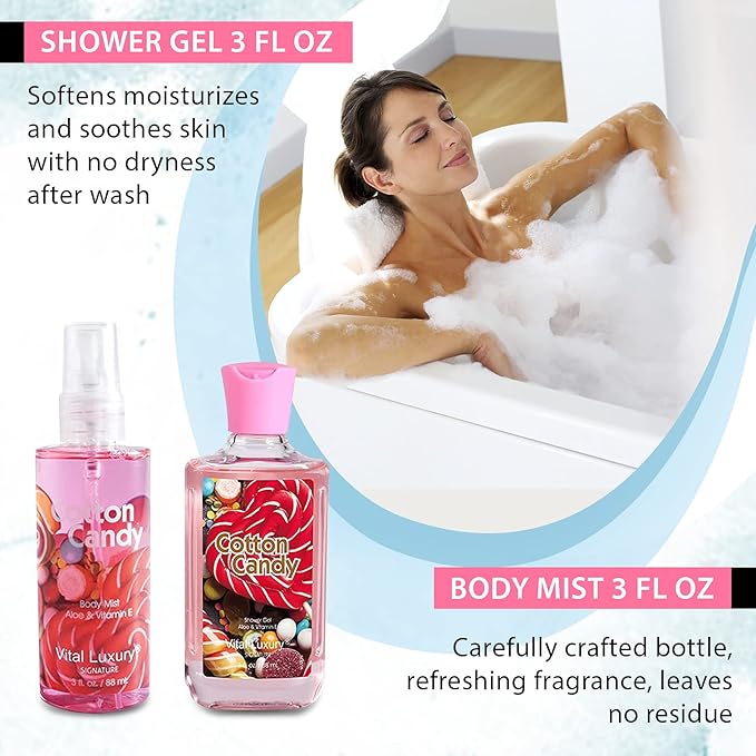 Cotton Candy Bath & Body Kit, 3 Fl Oz, Ideal Skincare Gift Home Spa Set, Includes Body Lotion, Shower Gel, Body Cream, and Fragrance Mist, Birthday Mother's Day Gifts-Velvo Beauty