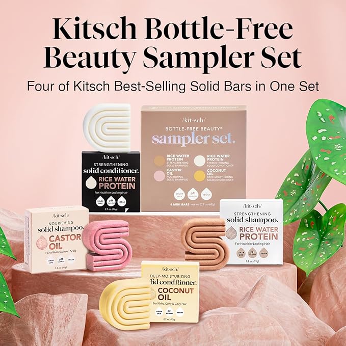 Kitsch Shampoo and Conditioner Set - 4pc Sampler Bars with Rice Water Shampoo and Conditioner, Castor Oil Shampoo & Coconut Oil Conditioner - Bottle-Free Beauty for Hair Growth, Repair & Moisture-Velvo Beauty