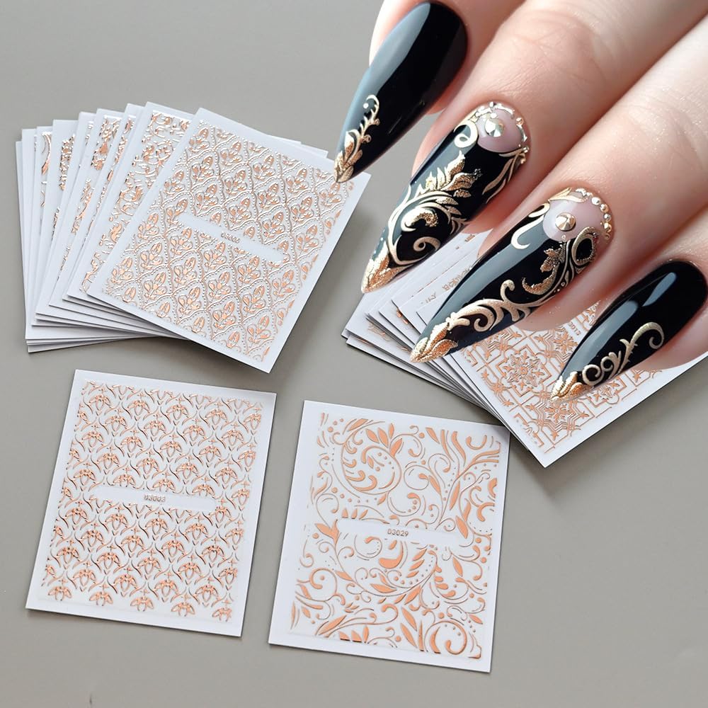 30 Sheets Rose Gold Lace Line Nail Stickers 3D Self Adhesive Nail Art Charms Sticker Decals for Crafts Supplies Accessories (ST-RG)-Velvo Beauty