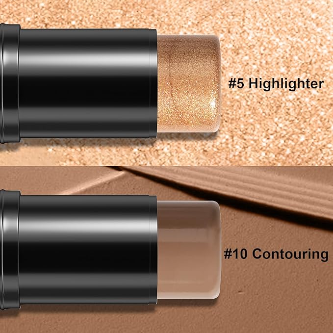 2Pcs Cream Contour Stick Makeup Kit, Cream Highlighter Stick and Bronzer Contour Stick with Longwear Waterproof Formula for Brightening and Trimming the Cheeks, Makeup Brush Include (#05, 10)-Velvo Beauty