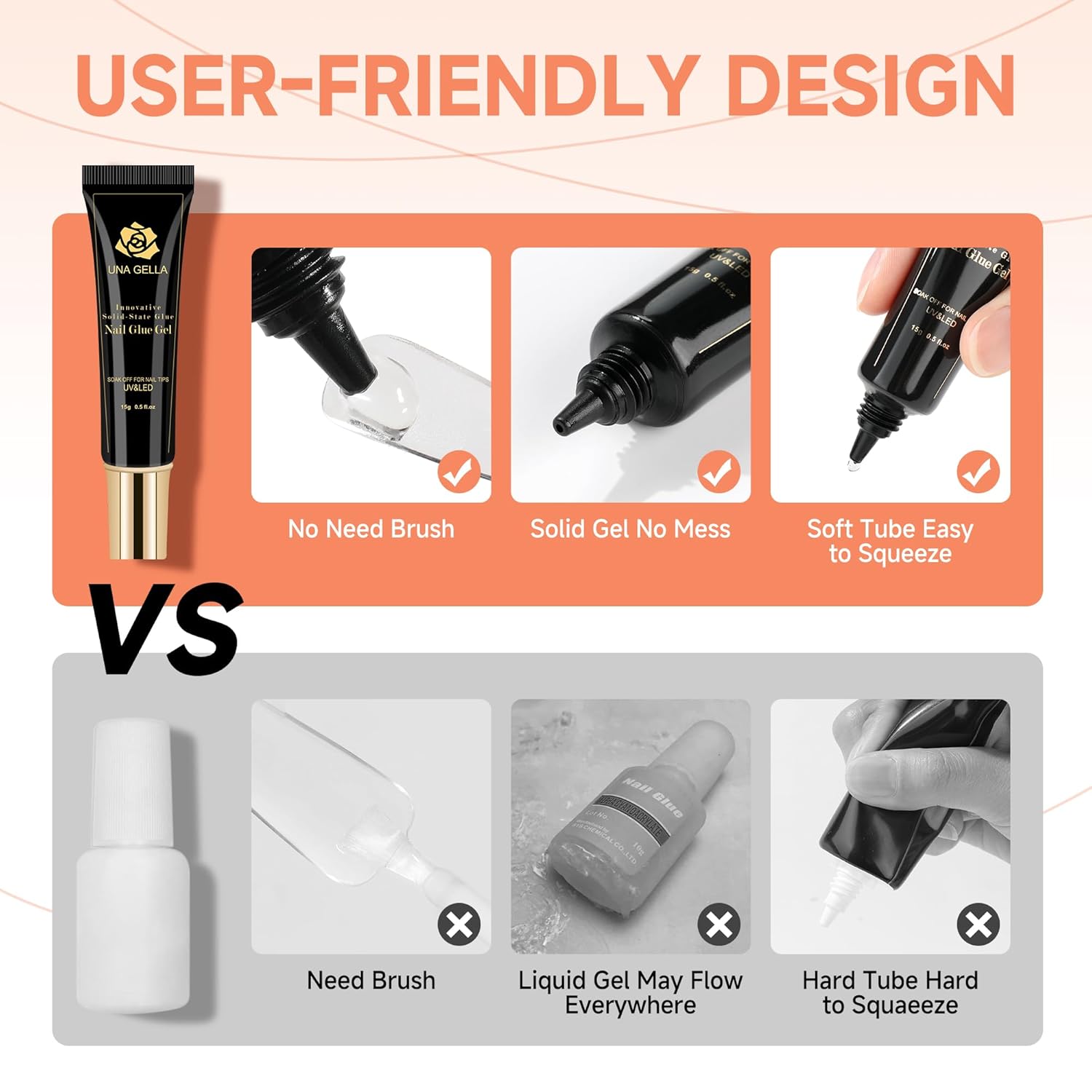 UNA GELLA Solid Nail Glue Gel 15ml Lamp Curing Needed Solid Soak Off U V/LED Lamp Required Super Strong Glue For Fake Acrylic Soft Gel Nail Tips Press On Nails Art Extension-Velvo Beauty