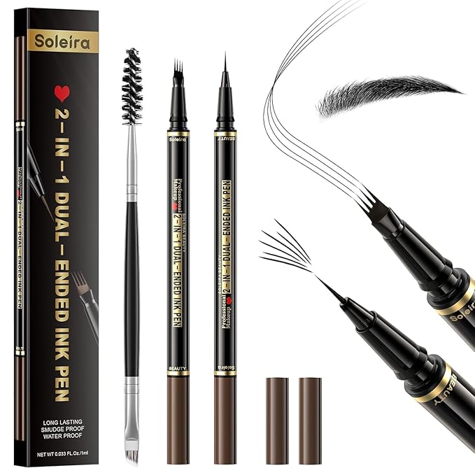 Eyebrow Pen, Soleira Waterproof Eyebrow Pencil with 4 Tip Microblading Eyebrow Pen and Dual-ended Eyebrow Brush, for Natural-Looking Brows, Long-Lasting, Black-Velvo Beauty