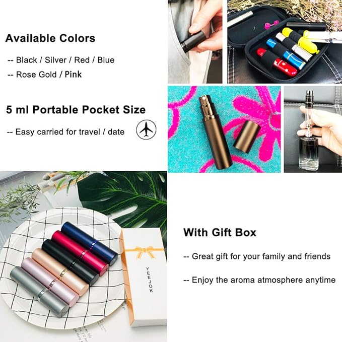 YEEJOK Travel Essentials for Women & Men - Refillable Perfume Bottles, Atomizer Spray Container, Mini Portable Easy Pump Refilled 5ml Bottle for Flying, Purse, Vacation-Velvo Beauty