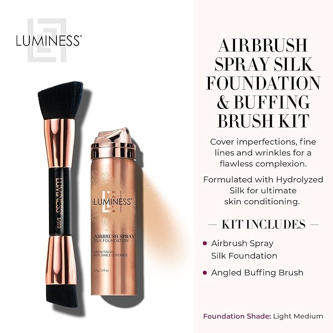 LUMINESS Silk Airbrush Spray Foundation & Buffing Brush Kit - Light Medium, Unisex, Skin Foundation Concealer-Velvo Beauty