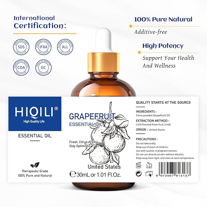 HIQILI 30 ml Grapefruit Essential Oil, for Diffuser, Skin Care,100% Pure and Natural - 1 Fl Oz-Velvo Beauty