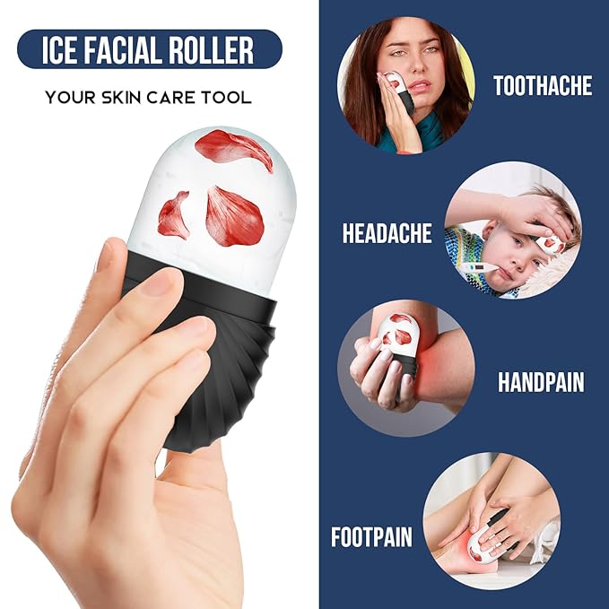Ice Roller for Face and Eye, Reusable Silicone Ice Facial Roller Ice Holder, Face Ice Mold Skin Care, Ice Cube Roller for Shrink Pores Anti Wrinkle Reduce Puffiness, Black-Velvo Beauty
